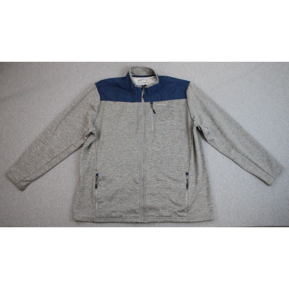 Orvis Jacket Mens 2XL Gray Full Zip Fleece Lined Pockets Mock Neck Long Sleeve